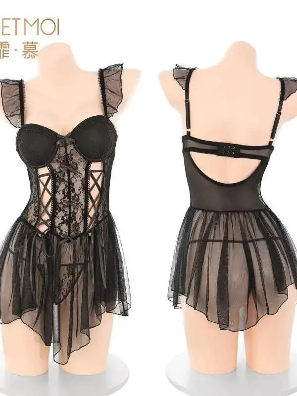 ピンク薄手の甘いメッシュレースミニドレス 2025 新しい甘いトップス鋼リング綿パッドベスト誘惑エロドレスエレガントな A7OH