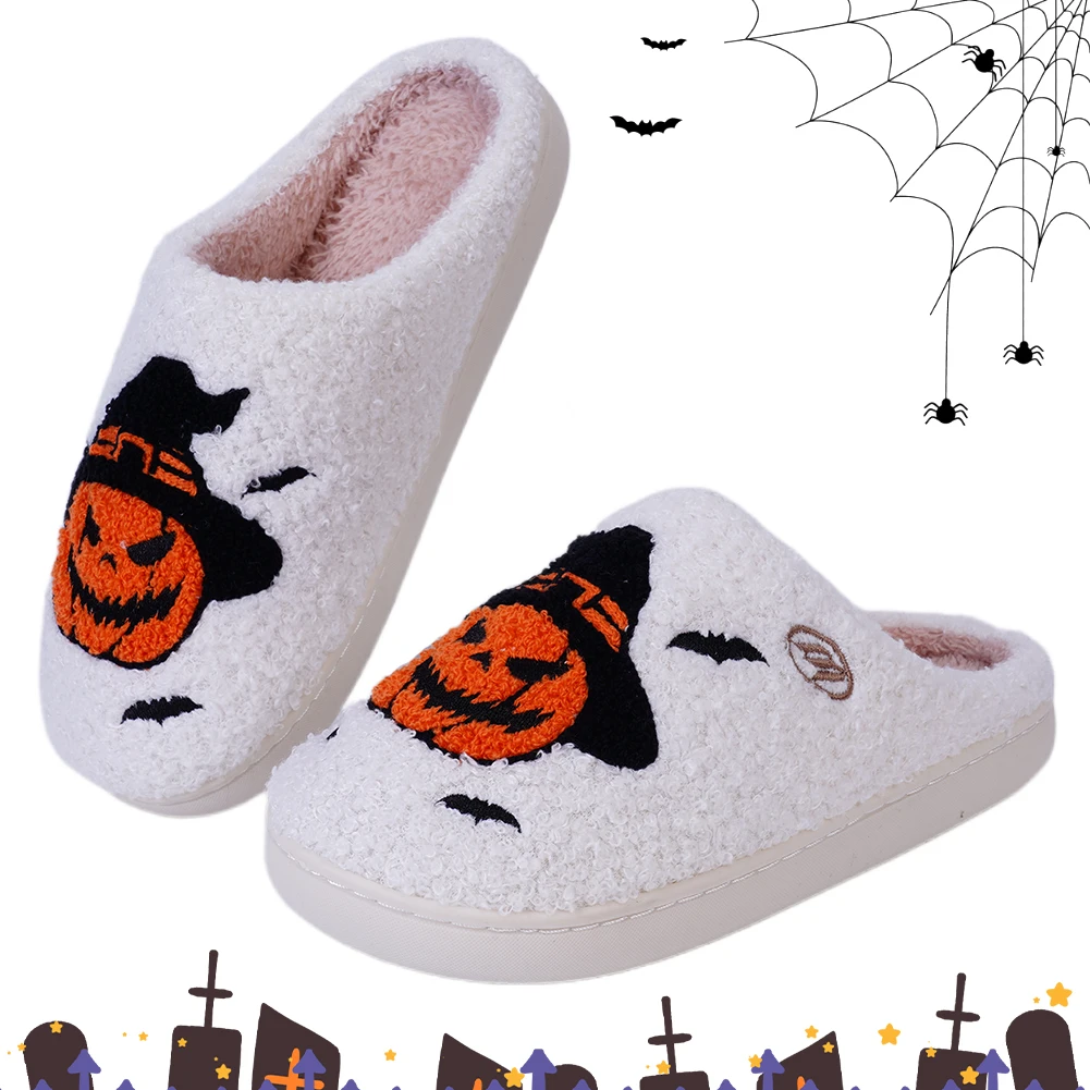 

Halloween Pumpkin Slippers Slip-on House Shoes Comfortable Flat Thermal Slippers Fuzzy Witch Hat Pumpkin Slippers for Men Women