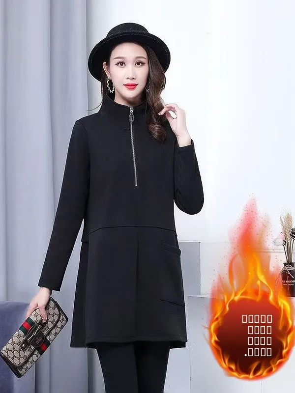 

plus Size Women's Fce Lined Thiened Stand Collar Jaet Winter Sweatirt Korean Sle Loose Fit Zipper High Waist Polye...