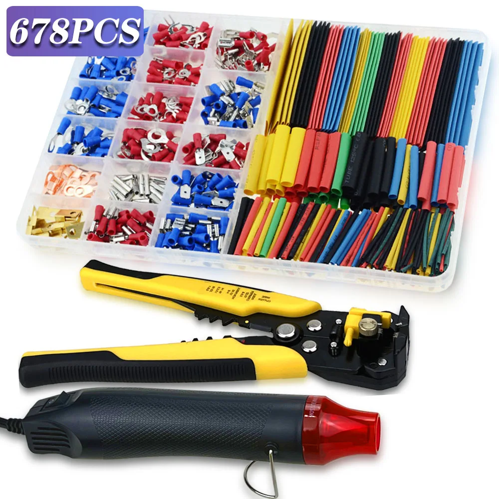 678PCS Heat Shrink Tube Sleeving Set Car Electrical Wire Terminals Insulated Ring Fork Set Ring Lugs Rolled Crimp with Plier