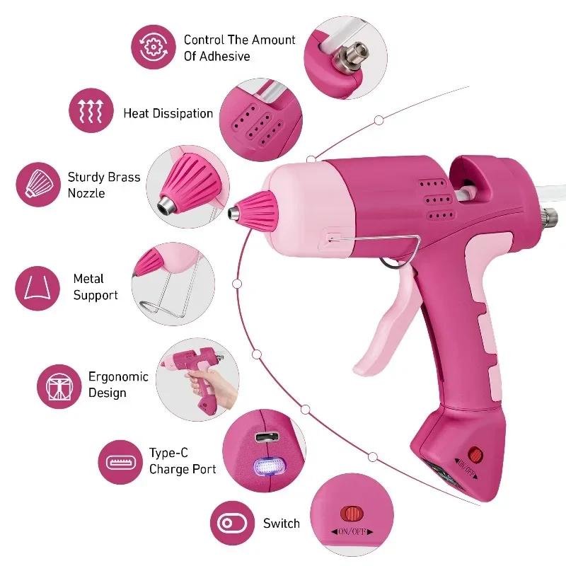 Pink Portable Cordless Glue Gun Set for Kids DIY,7mm Mini Wireless Hot Silicone Gun,60 Min Use,2600mAh,Adjustable Glue Output