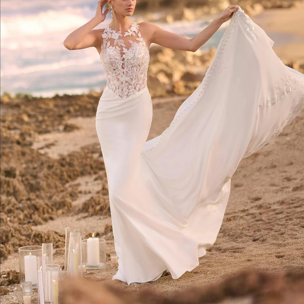 Vestidos de novia de sirena con escote redondo personalizados, Apliques de encaje, vestido de novia de playa de satén con botones en la espalda, vestidos de novia de trompeta
