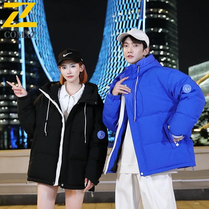 COMXZ 2025 Winter Couple Solid Color Hooded Down Jacket Men Women Thickened Warm Trendy White Duck Feather Parka Coat