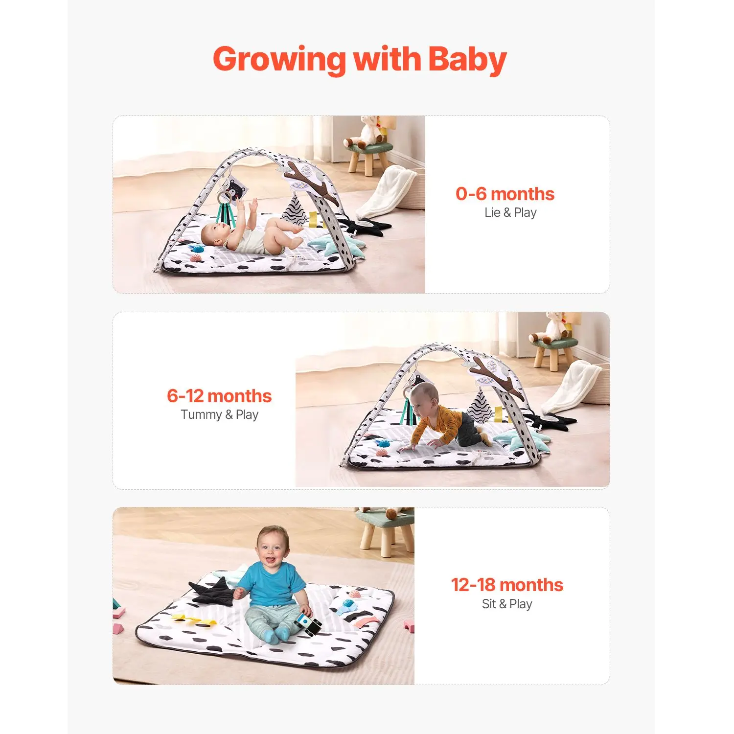 Baby Play Gym Mat, Tummy Time Mat with 6 Sensory Toys, Baby Activity Mat with 2 Touch Balls & Soft Fabric for Sensory & Motor