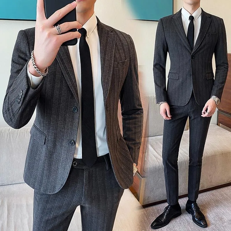 Men Autumn Winter Wool Blend Two Piece Suit Slim Fit Fashion Casual Blazer Pants Set for Daily Wear