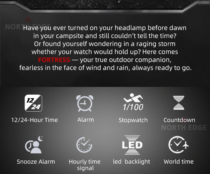 NORTH EDGE FORTRESS 2026 Herren Digitaluhr Outdoor-Sport Wasserdicht 50M Uhren Weltzeit Countdown Elektronische LED-Armbanduhr – Detail 2