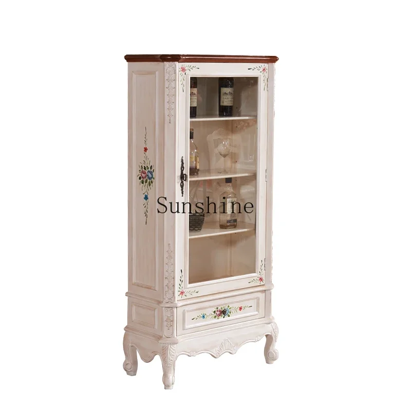 

European and American pastoral style bookcase glass Mediterranean retro painted display side cabinet