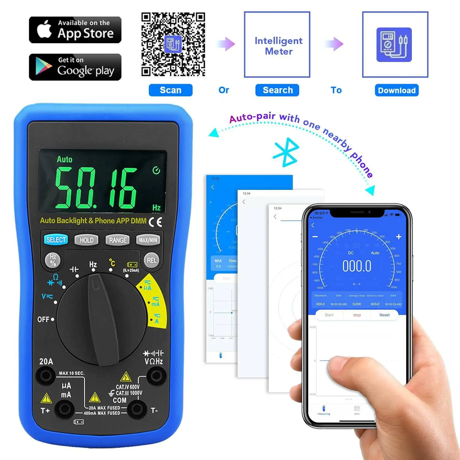 

Digital Multimeter with App Support and Bluetooth, 6000 Counts True RMS Auto-Ranging, 90EPD Digital Multimeter for Capacitance