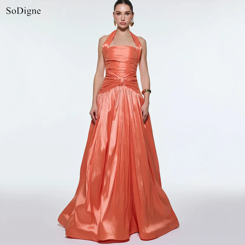 

SoDigne Chic Orange A-Line Prom Dresses Sexy Pleats Halter Party Dress Draped Floor-Length Prom Gowns Customized