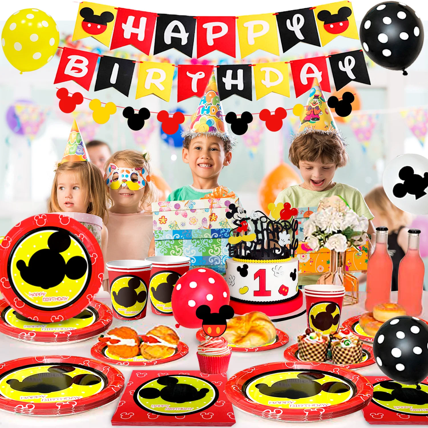 لوازم حفلات أعياد الميلاد ميكي ماوس-128 قطعة زينة وأدوات مائدة ميكي ماوس - أطباق ميكي، بالونات لافتة... #4