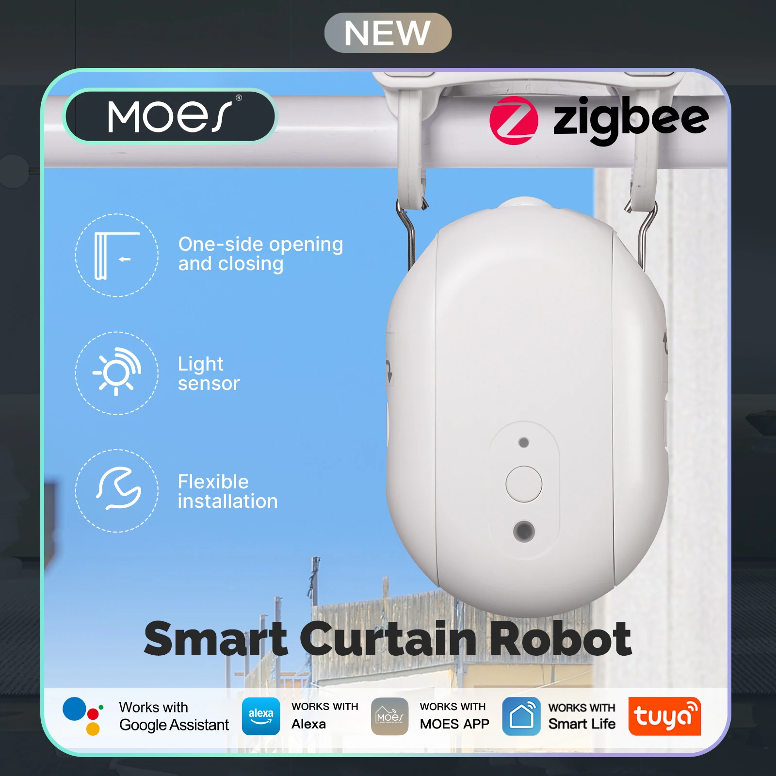 

MOES Tuya ZigBee Smart Electric Curtain Robot Timing Auto Opener Closer Light Sensor App Remote Control Support Alexa GoogleHome