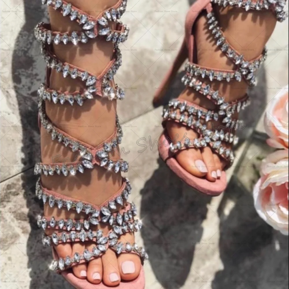 

Pink Crystal Cross Strap Sandals Back Zipper Thin High Heels High Heel Shoes for Women Sexy Heels 2025 New Zapatos Para Mujere