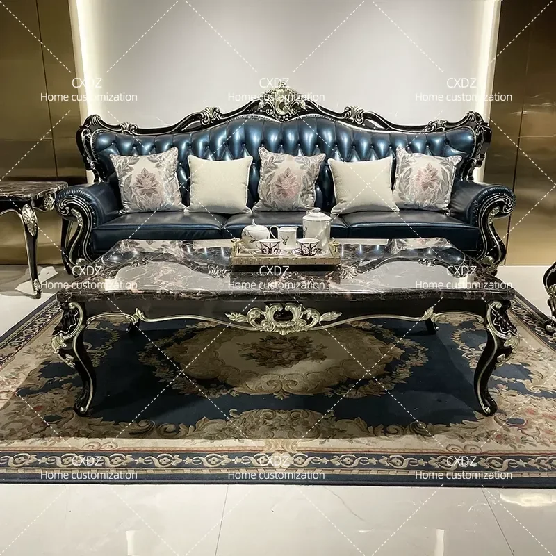Solid Wood Large Coffee Table Rectangular Marble Top Tea Table for Living Room Small Apartment Neoclassical Style Furniture