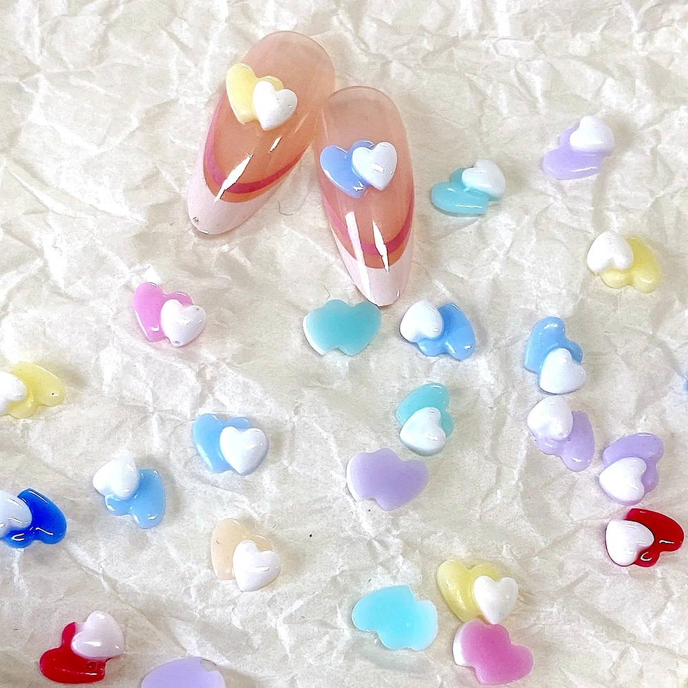 30PCS Flat Back Double Love Heart 3D Resin Nail Art Charms Accessories For Nails Decoration Supplies Material Manicure Part