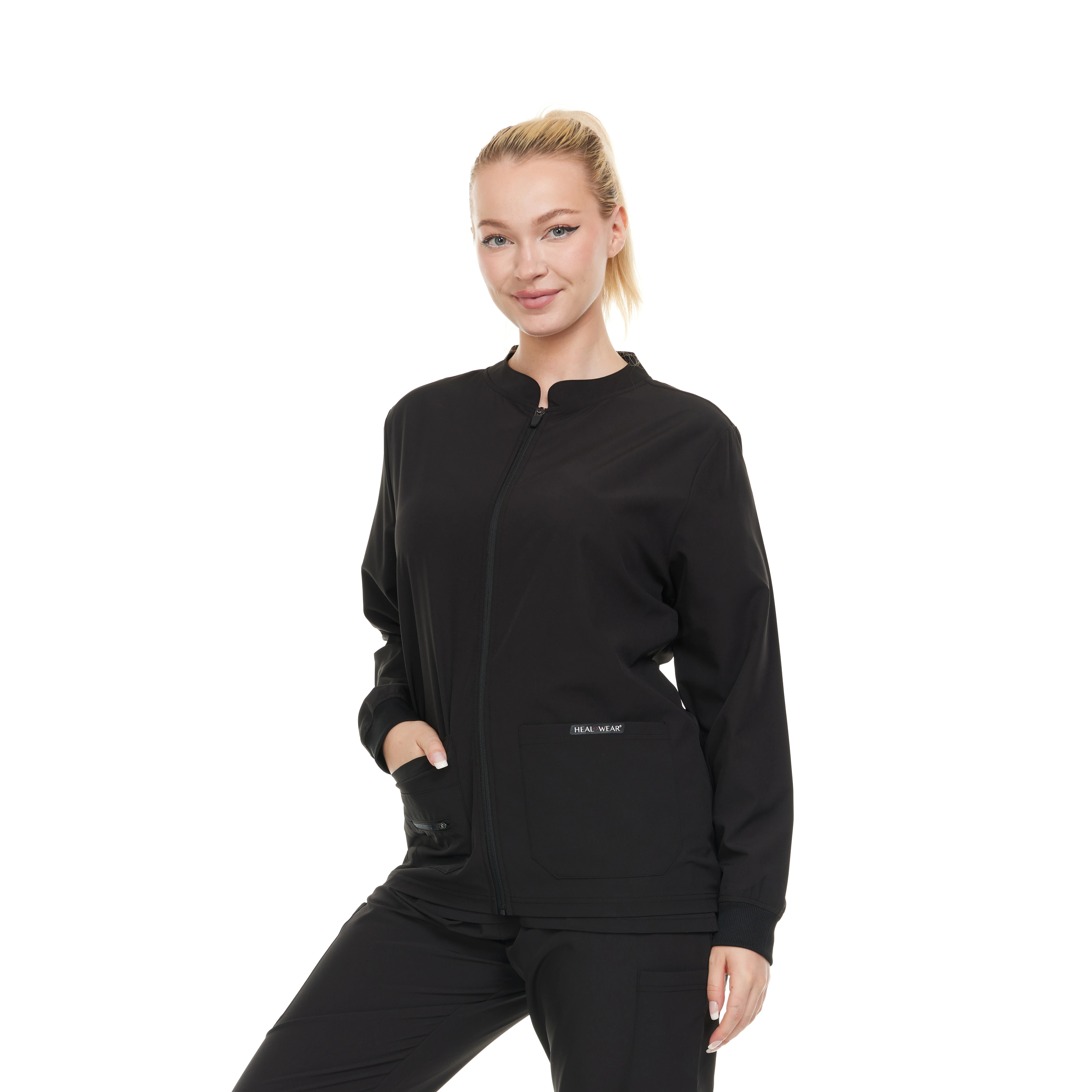 HEAL+WEAR Modern Women Warm Up Scrub Jacket Zip Front Multiple Convenient Pockets. 4-Way Stretch Spandex. Wrinkle-Resistant