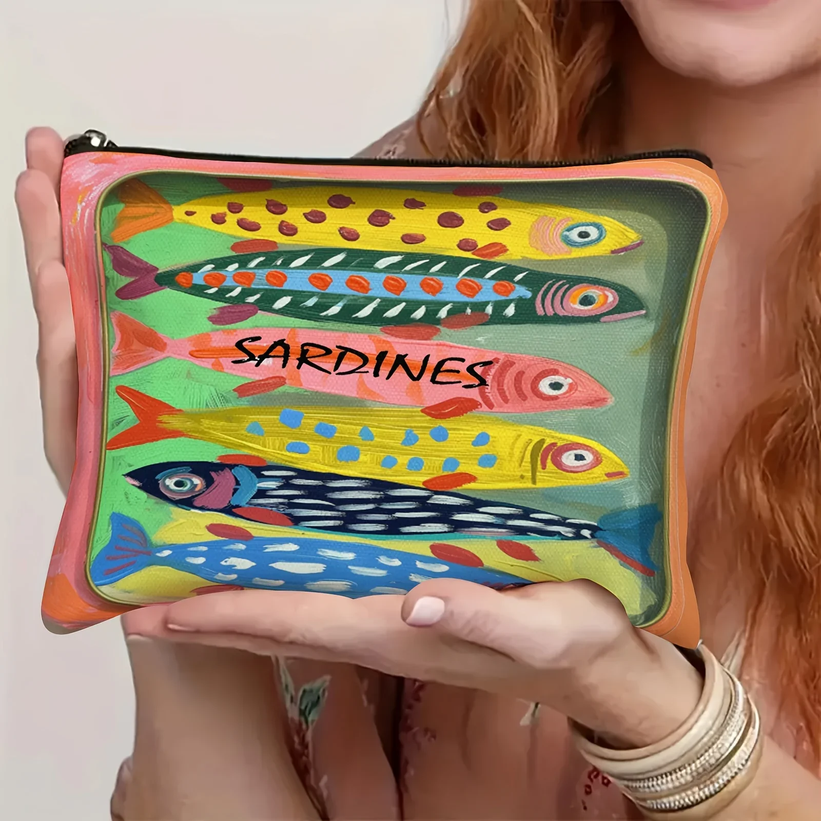 Vintage Sardine Design Zipper Pouch - Multifunctional Travel Bag for Cosmetics, Snacks, Toiletries, Coins, Pencils