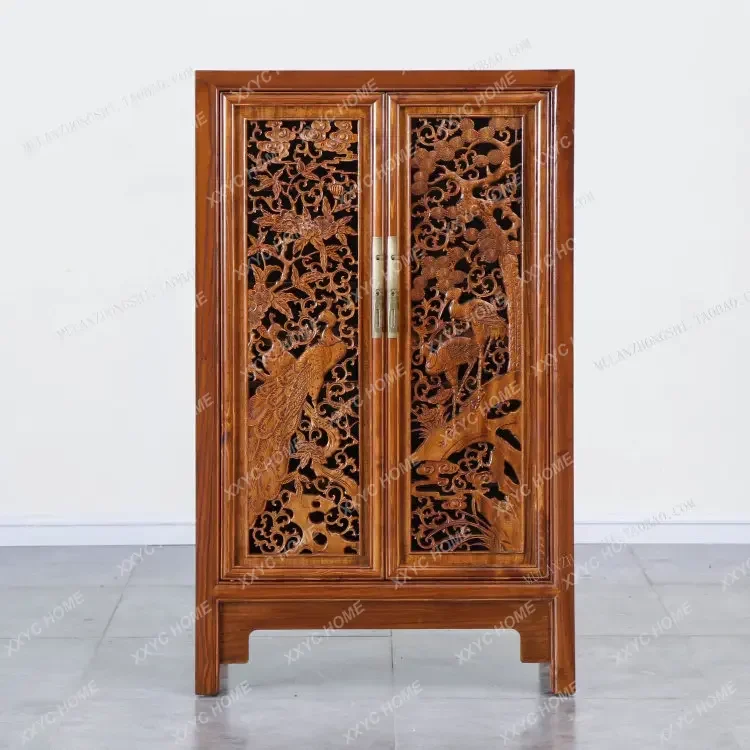 New Chinese-style solid wood door camphor wood carved shoe cabinet