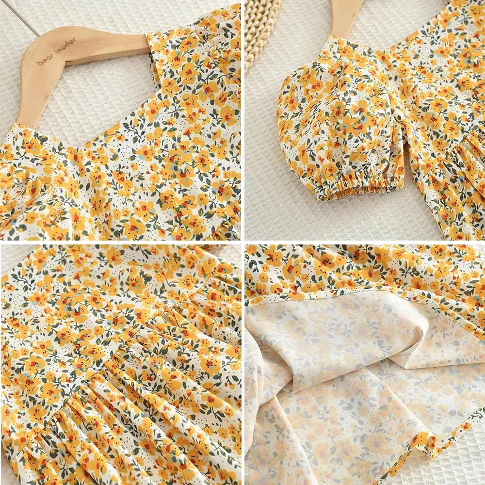 Summer New Korean Version Girl Flower Print Square Neck Bubble Sleeve Princess Dress Party Birthday Children's Casual Clothes image 6