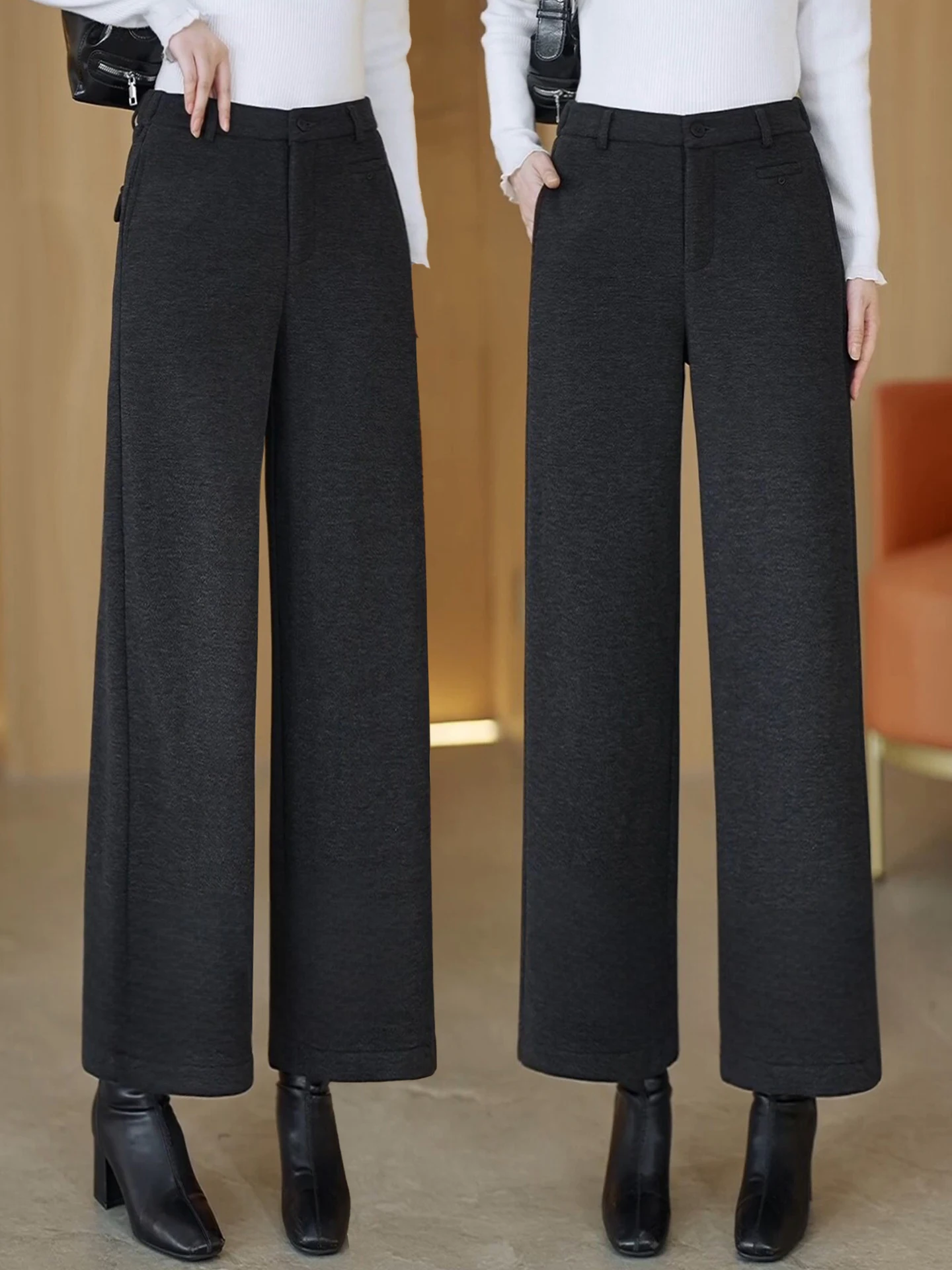 

High Waist Fleece Lined Acetate Wool Wide Leg Pants Women's Casual Straight Cut Trousers Autumn Winter plus Size Fashion