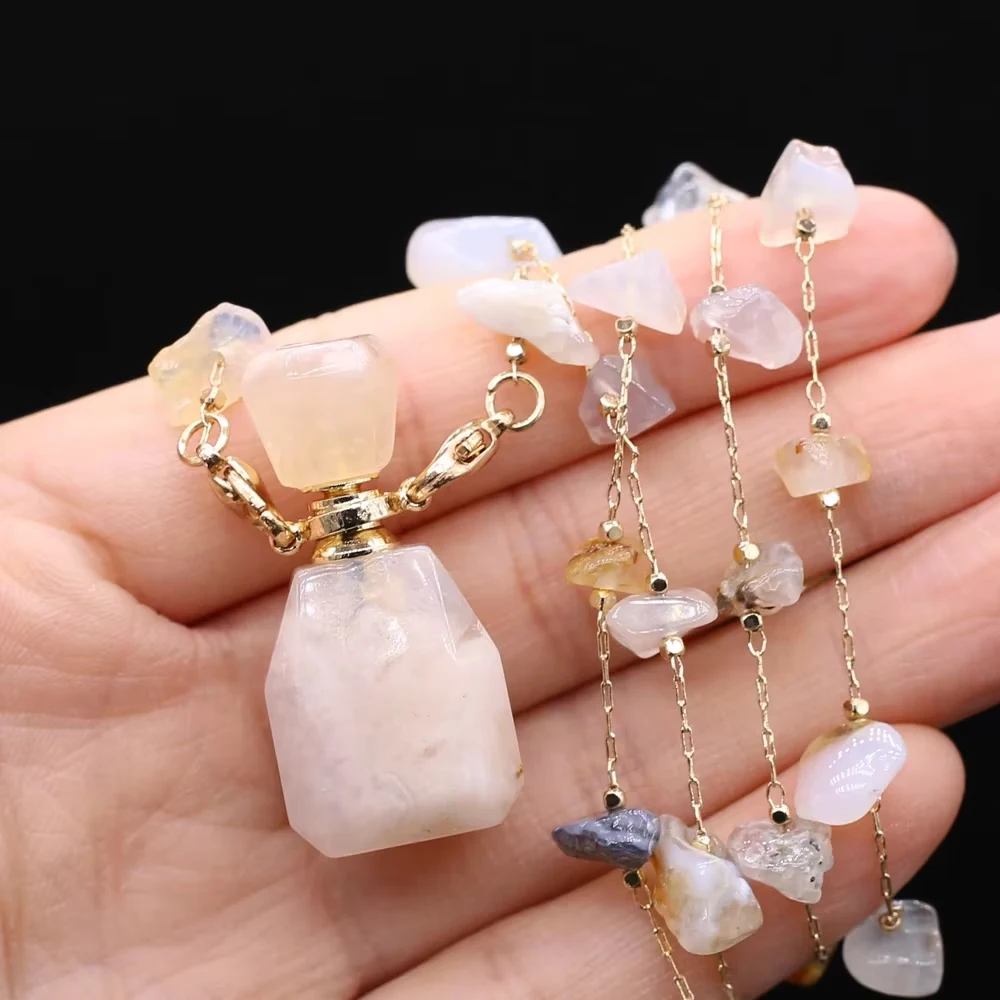 

Natural Stone Perfume Bottle Pendant Necklace Pearl Chains Essential Oil Diffuser Agates Pendant Necklace For Women Jewerly