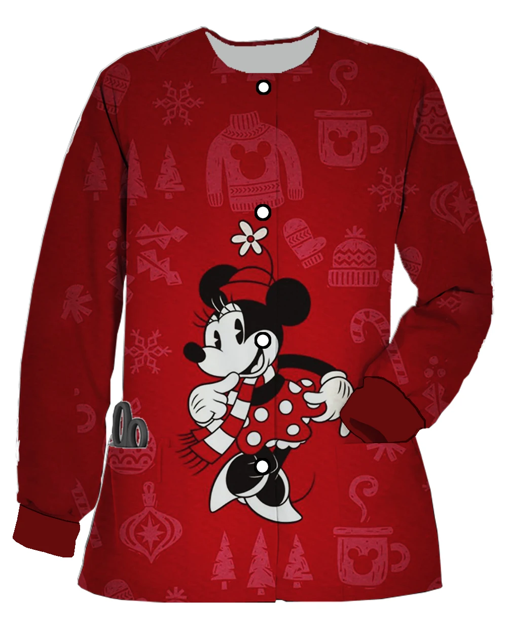 Ladies pocket cardigan Mickey Christmas series printed long sleeve round neck jacket button work nursing uniforms beauty salon