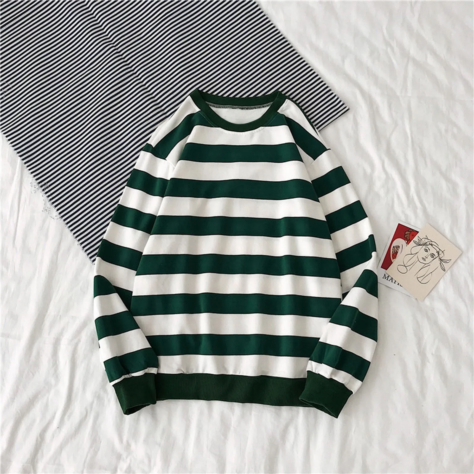 Pullover Tops Long Sleeved Loose Casual Hoodies Sudadera Mujer Autumn Winter Women\'s Hoodies Round Neck Stripe Sweatshirt