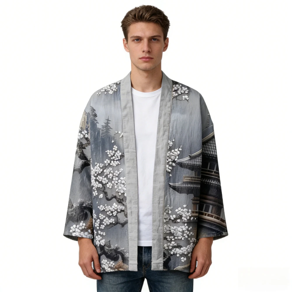 

Artistic Print Kimono Cardigan Jacket Oriental Loose Open Front Lightweight Cotton Long Sleeve Beach Resort Wear Summer Vacation