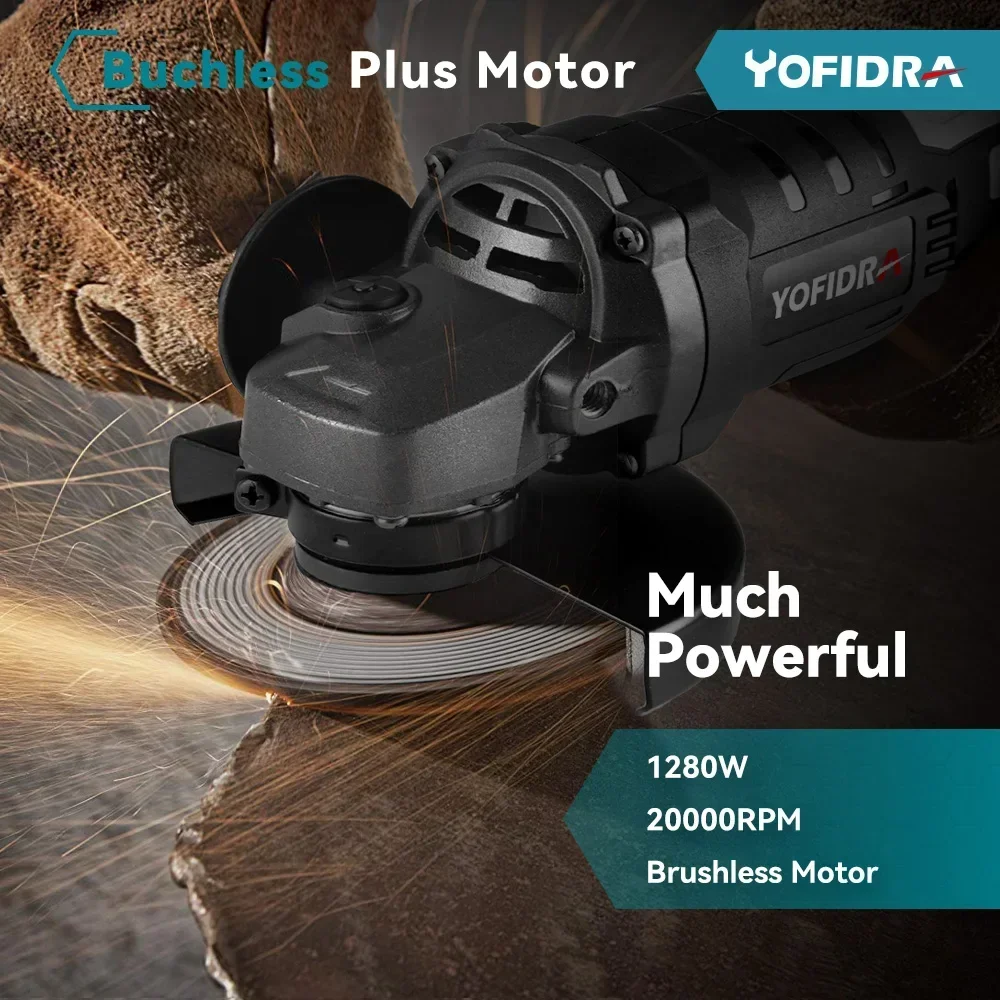 Yofidra 125mm Brushless Angle Grinder 3 Gears Cordless Efficient Wood Cutting Polishing Power Tool  For Makita 18V Battery