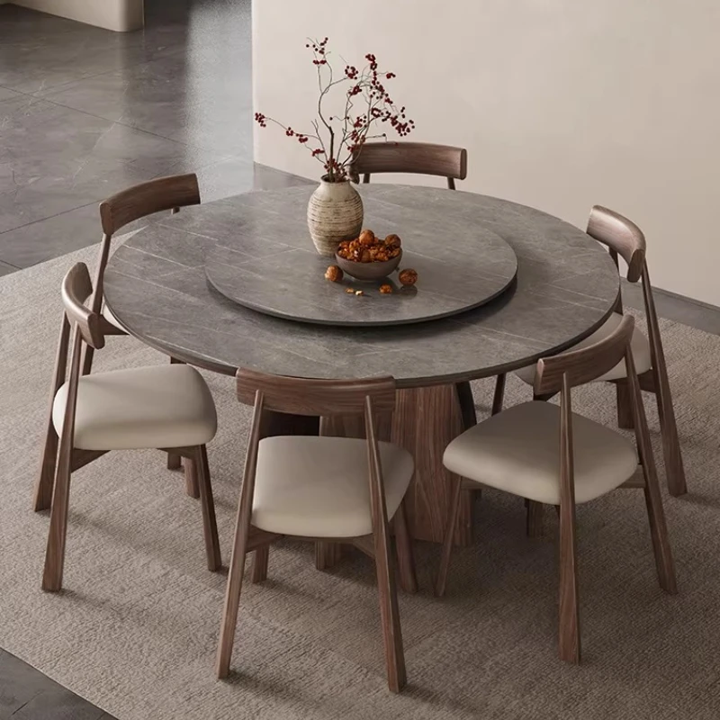 Modern luxury solid wood rock slab round dining tables and sets with turntable 6 4 chairs dining rooms Tables pliante furniture