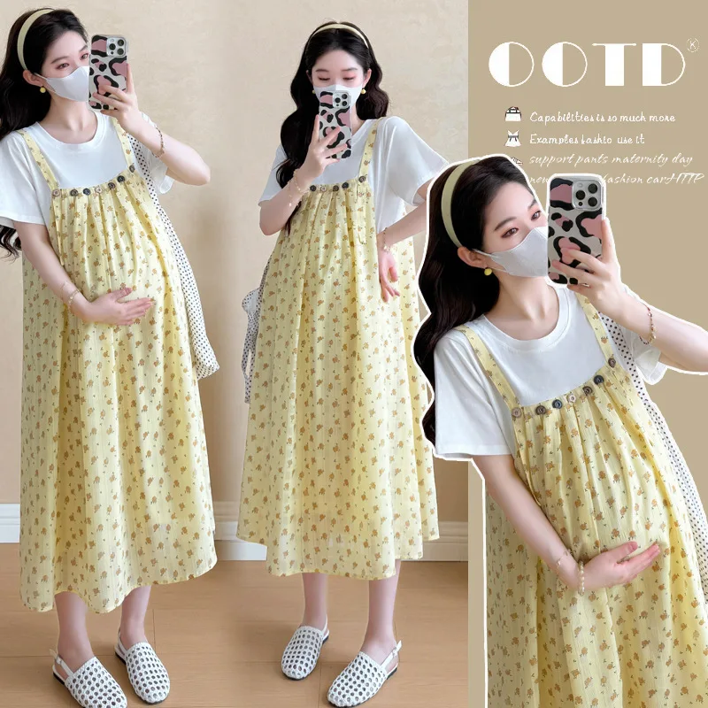 

Maternity Dress 2026 Summer New Style Gentle Loose Slim Breathable Chiffon Floral Fake Two Piece Dress For Pregnant Women