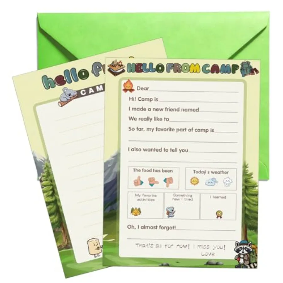 

12 Set Camp Setstationary Letter and Envelopes, Sleepaway Camp Essentials with Camp Postcards, Summer Stationery Letter Writing