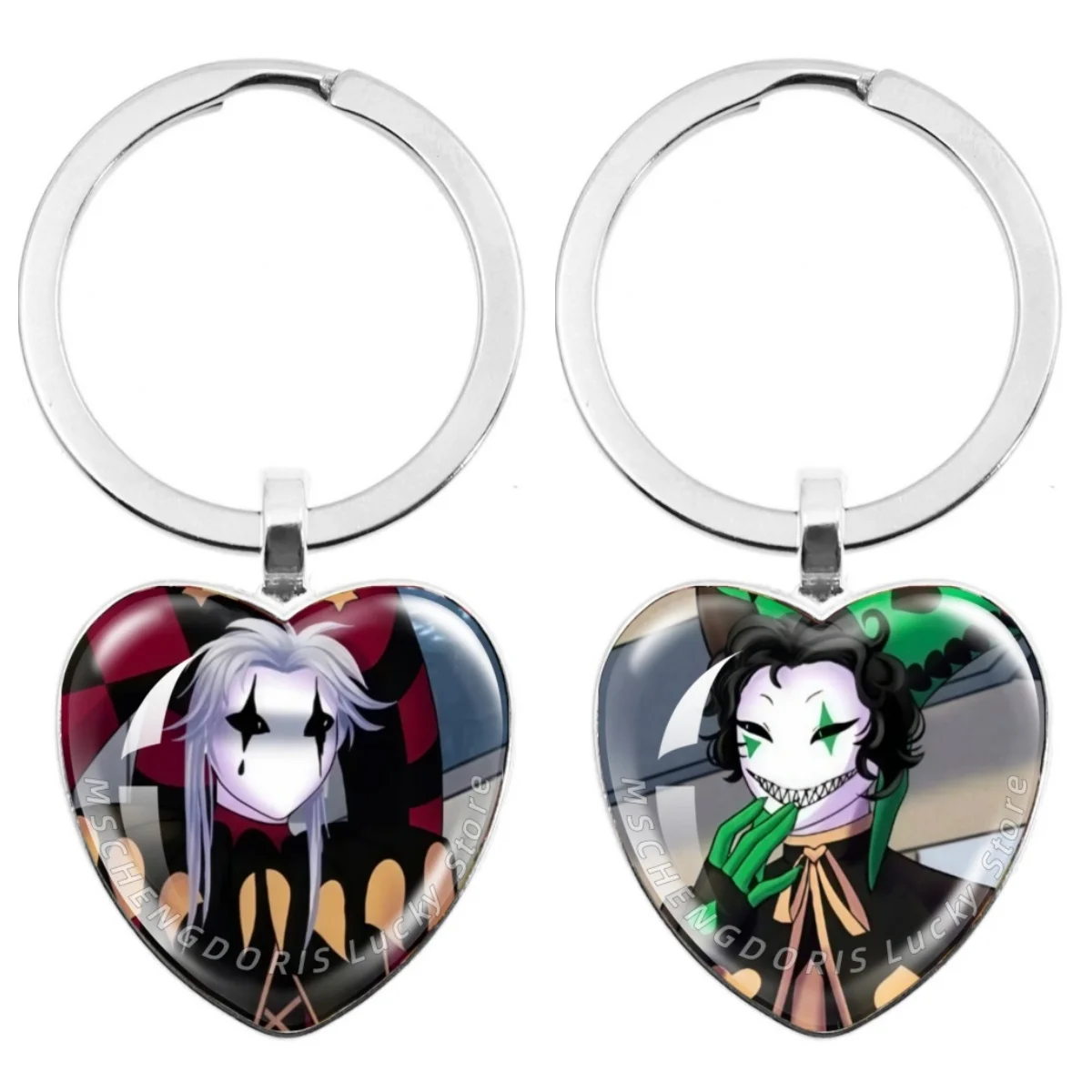 Game F-Freak Circus Pierrot Harlequin Glass Cabochon Heart-Shape Pendant Keychain Decor Jewelry For Fans Gift