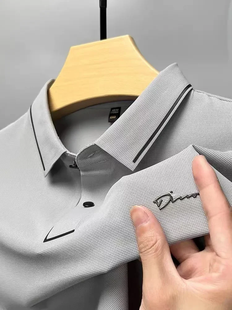 Light luxury brand ice silk short sleeve T-shirt men\'s lapel casual top summer fashion embroidery cool and breathable POLO shirt