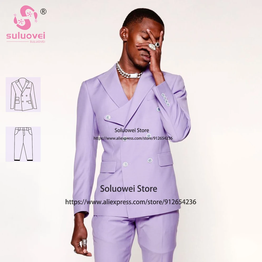 Fashion New Design Lilac Suits For Men Double Breasted Jacket 2 Piece Pants Set Formal African Groom Wedding Peaked Lapel Tuxedo