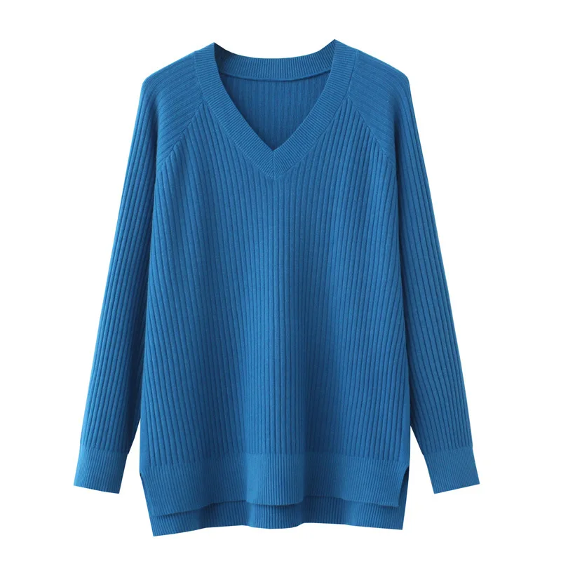 New 2023 Ladies Autumn Winter Plus Size Tops For Women Large Size Long Sleeve Blue V-neck Sweater 3XL 4XL 5XL 6XL