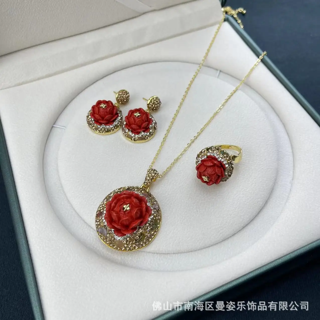 

cinnabar lotus inlaid tourmaline color treasure set original design temperament jewelry pendant necklace earring ring sales