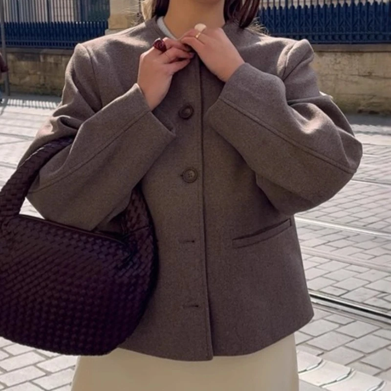 Solid Color Versatile Crew Neck Long Sleeve Woolen Short Coat Women's 2025 Autumn Winter New Wholesale