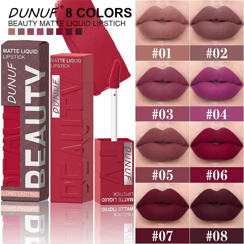 DUNUF 8-Color Lip Matte Smooth Easy-to-Apply Square Gloss Tube Velvet Waterproof Three-Dimensional Sexy Plumping Lipstick Makeup