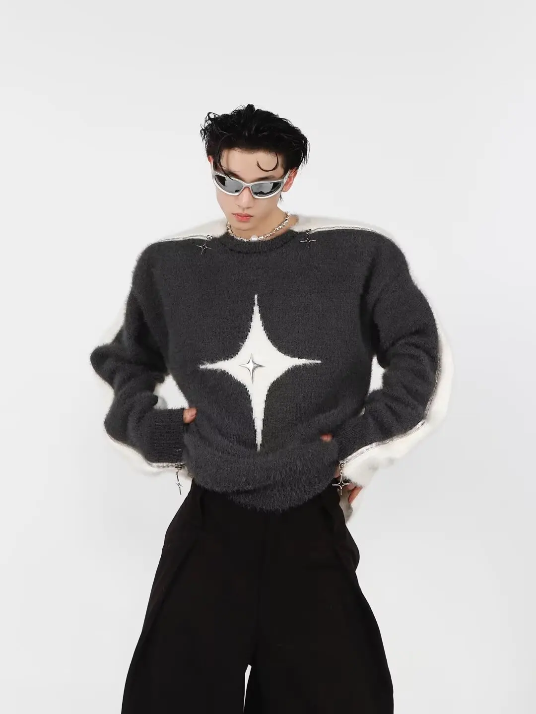 Y2k Color Blocking Knitting Gothic Pullovers Fashion Streetwear Black Patchwork Star Jumper Harajuku Knitwear Long Sleeve Sweate