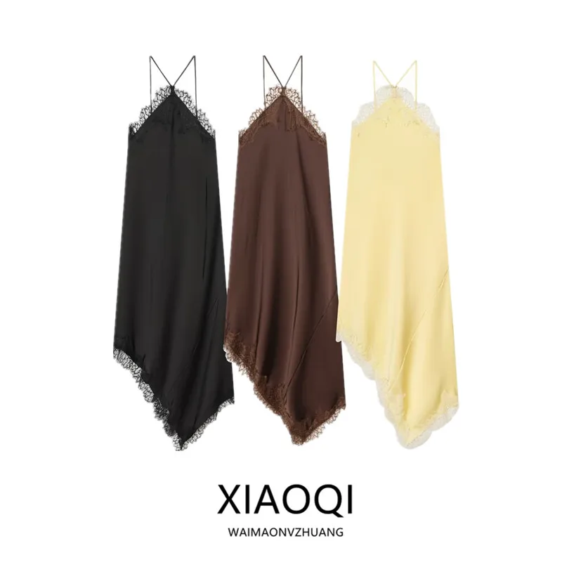 

Элегантное женское платье-комбинация с кружевной отделкой, высокой талией и расклешенными рукавами, осенняя новинка для повседневной носки и офиса