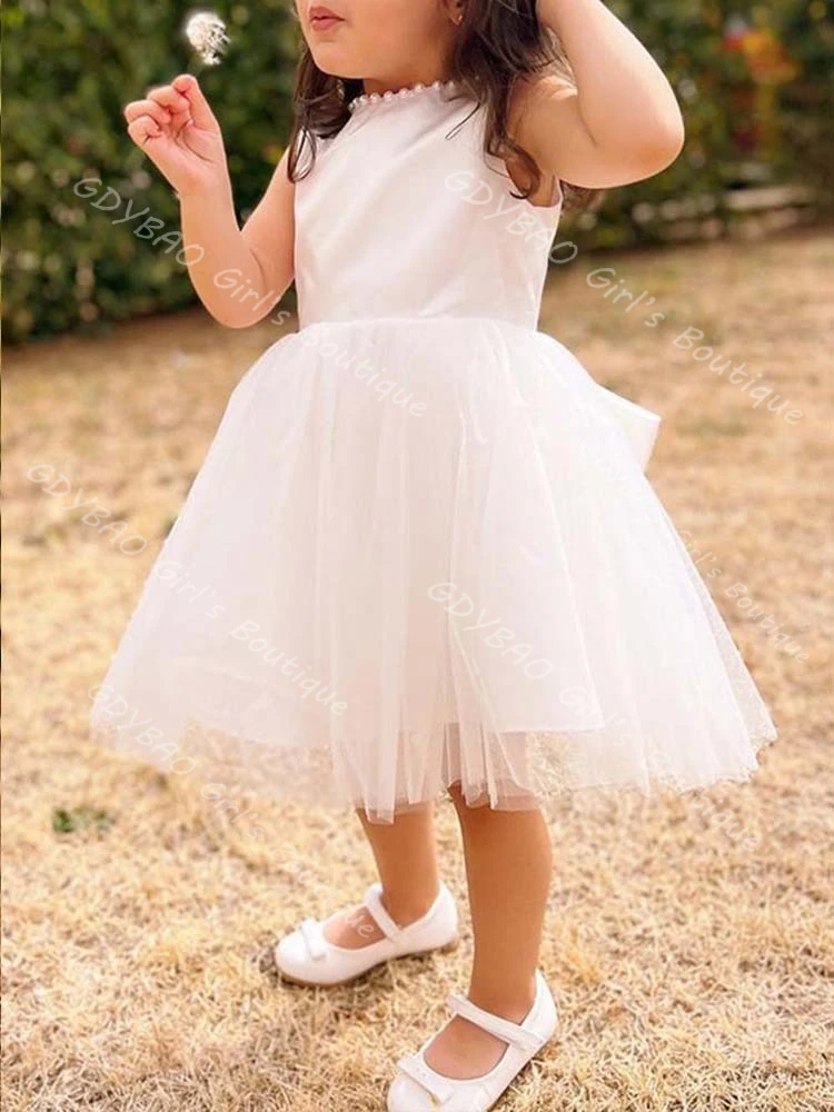 

Customized Flower Girl Dress for Wedding Pearl Neckline Tea Length First Communion Dress With Bow Princess Kids Birthday Gown