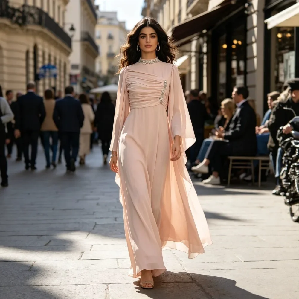 Women Elegant Rhinestone Chiffon Dress Formal Evening Gown Long Sleeve V Neck Flowy Soft Breathable Flattering Comfy Party New