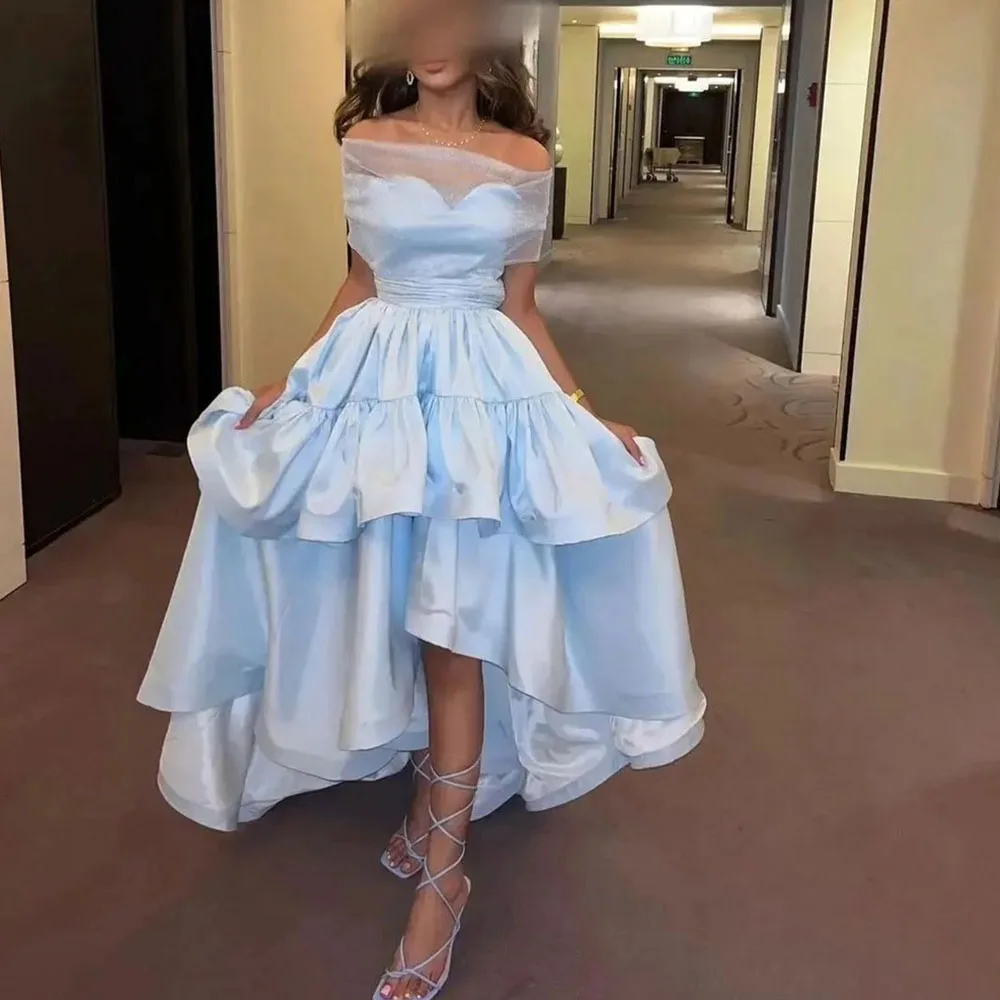 

Princess Hi-Lo Prom Gown Solid Color Pleat Elegant Birthday Party Dresses Off the Shoulder Evening Dress فساتين للحفلات الراقصة