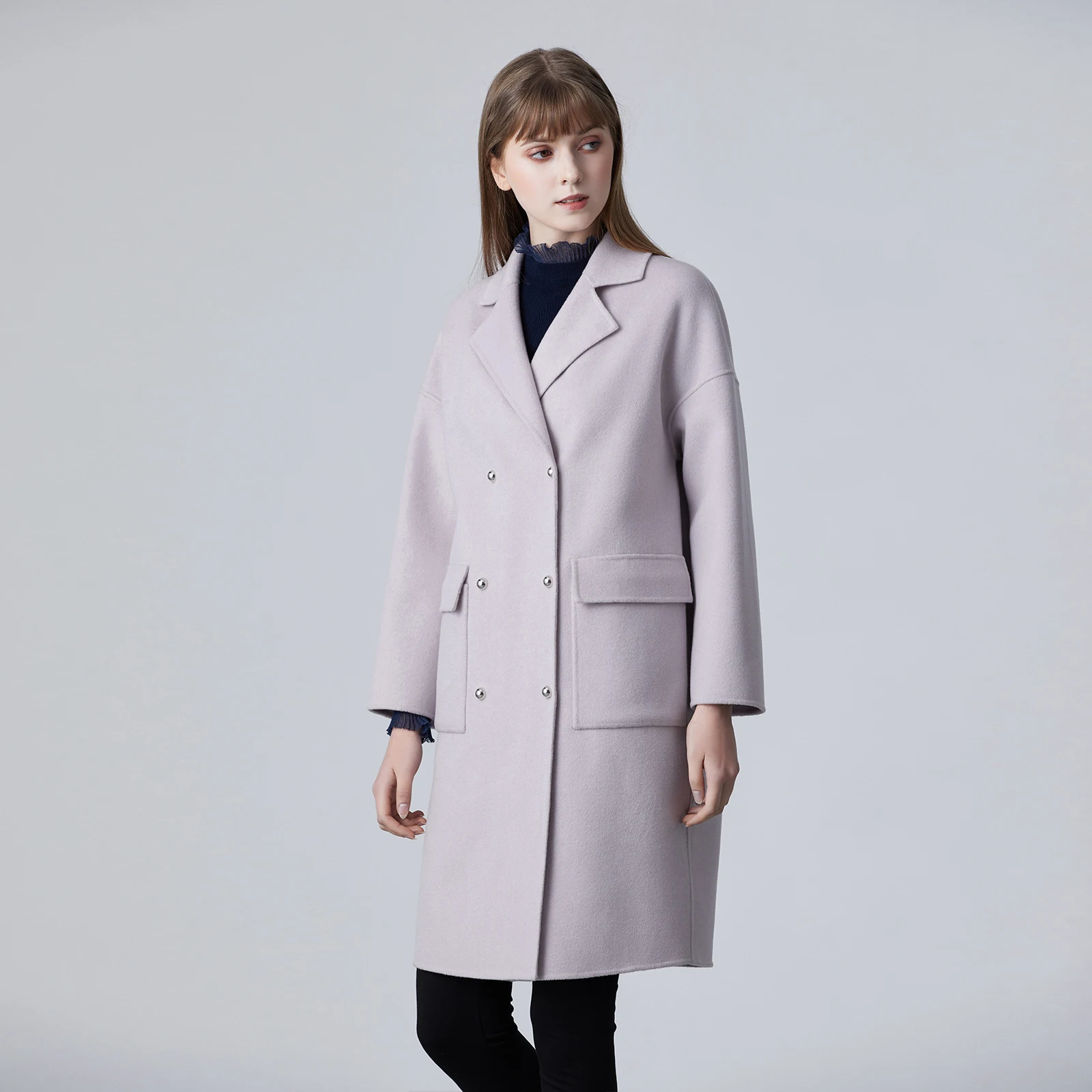 

Spring Insight Pastel Purple Metal Bule Pure Wool Double-Faced Woolen Coat Long Sve Commute Sle Mid-Length Coat
