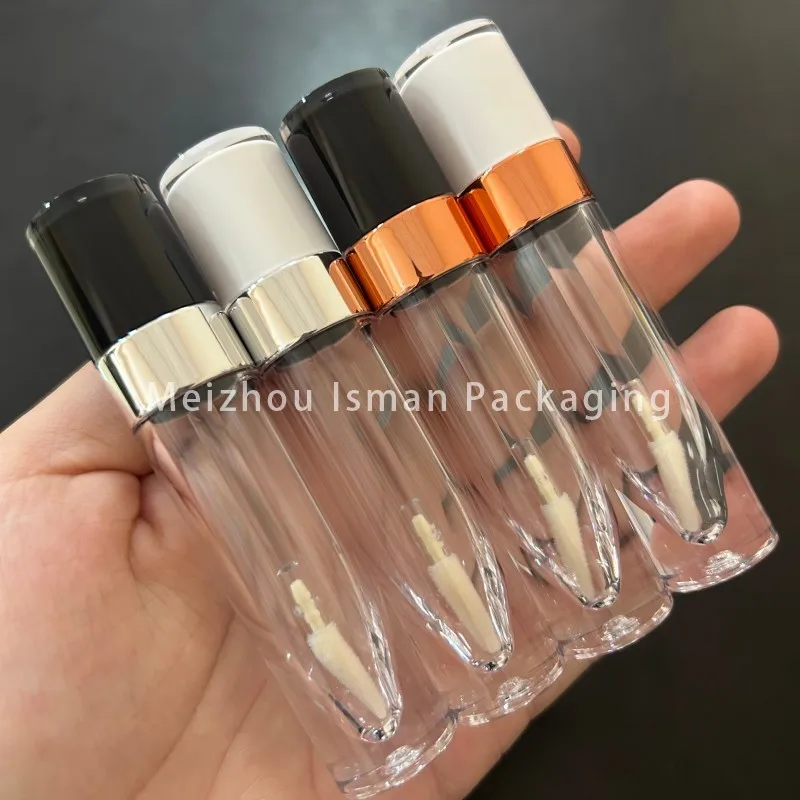 50Pcs Black White Round 4ML Empty Plastic Clear Lipgloss Wand Tube Wholesale Makeup Lip Gloss Bottle With Rose Gold Sliver Ring