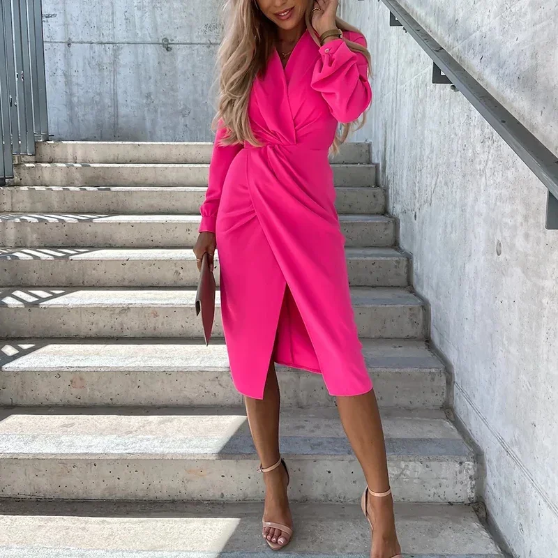 

Women's Casual Solid Color Split Dress Autumn Winter Elegant Commute Long Sleeves Slim Irregular Dresses Fashion Party Vestidos