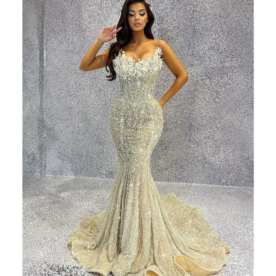 Luxury Mermaid Evening Dresses Sleeveless V Neck Strapless Sequins Beaded Appliques 3D Lace Diamonds Prom Dresses Custom Made