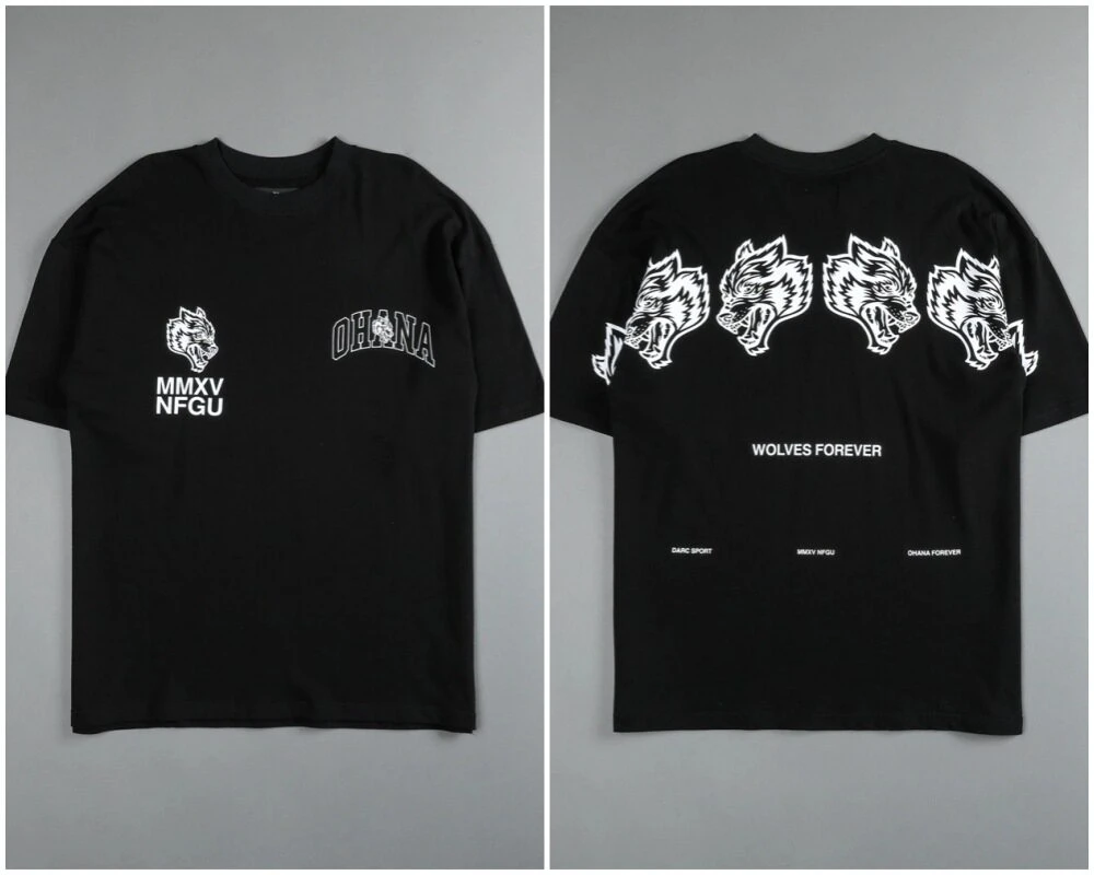Darc Sport Wolves Forever T-Shirt Men Oversized Double Sided Graphic Tee Four Wolf Head Back Print Gym Bodybuilding Workout Tops