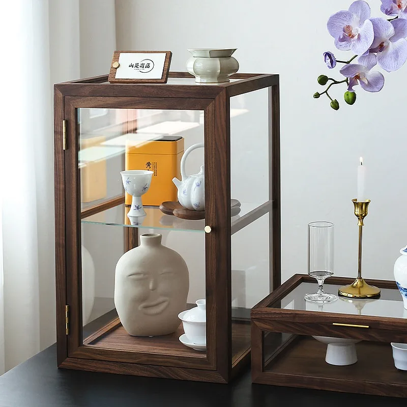 Conjunto de chá em madeira de nogueira preta, vitrine de vidro, armário de madeira maciça para mesa, armário de armazenamento para chá, espaço para chá, cerimônia do chá, armário para xícaras de chá e proteção contra poeira.