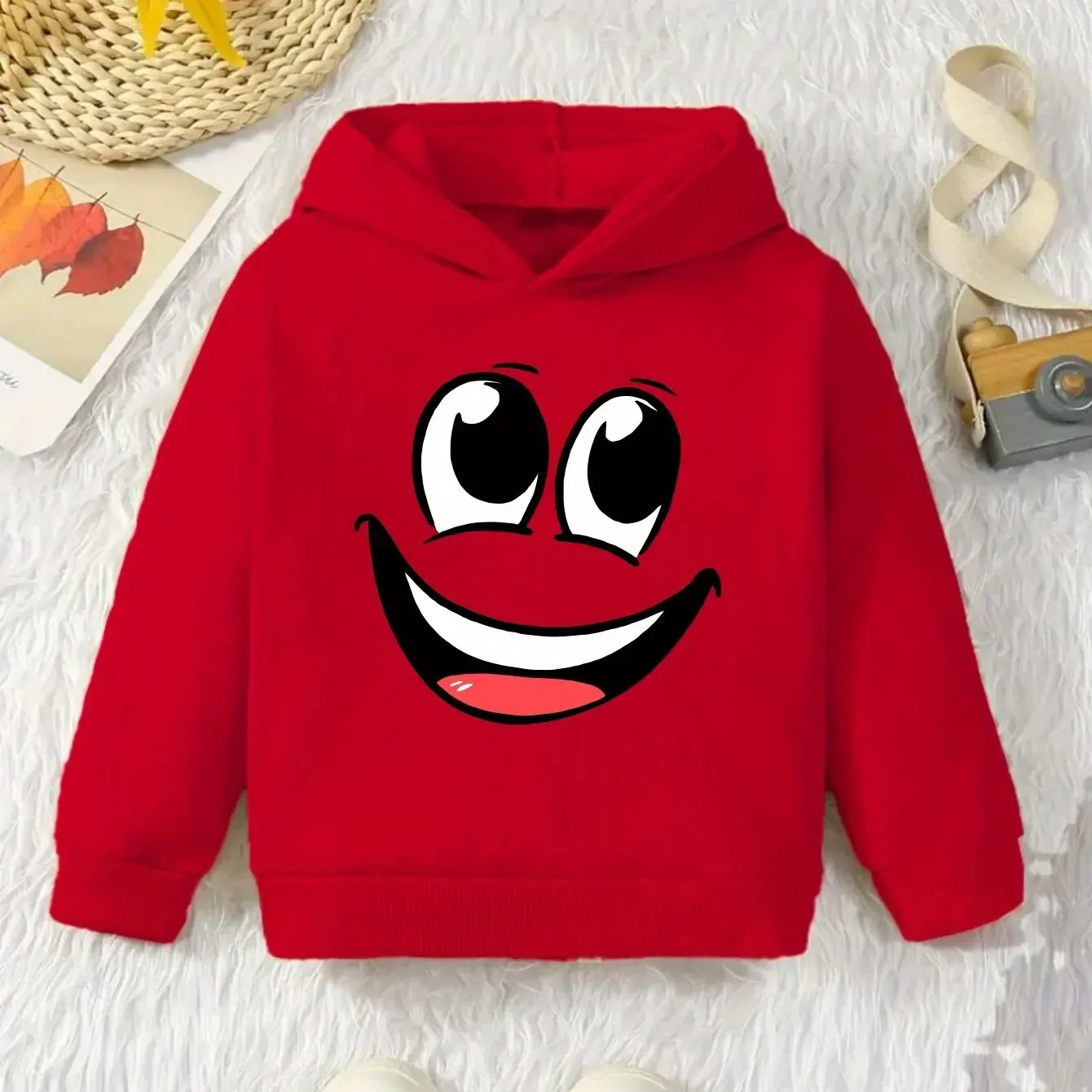 Kids Smiley Face Hoodie Emoji Graphic Print Pullover Sweatshirt Boys Girls Kawaii Cartoon Streetwear Casual Hooded Top Autumn